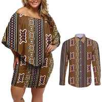 Mali Bologan Mud Cloth Pattern Couples Matching Off Shoulder Short Dress and Long Sleeve Button Shirt - Wonder Print Shop