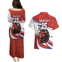 Custom Costa Rica Football Couples Matching Puletasi and Hawaiian Shirt Los Ticos With Bull Mascot - Wonder Print Shop