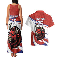 Custom Costa Rica Football Couples Matching Tank Maxi Dress and Hawaiian Shirt Los Ticos With Bull Mascot - Wonder Print Shop