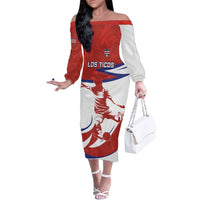 Custom Costa Rica Football Family Matching Off The Shoulder Long Sleeve Dress and Hawaiian Shirt Los Ticos With Bull Mascot - Wonder Print Shop