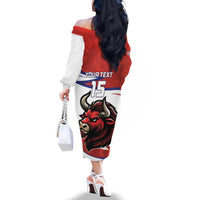 Custom Costa Rica Football Family Matching Off The Shoulder Long Sleeve Dress and Hawaiian Shirt Los Ticos With Bull Mascot - Wonder Print Shop