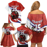 Custom Costa Rica Football Family Matching Off Shoulder Short Dress and Hawaiian Shirt Los Ticos With Bull Mascot - Wonder Print Shop