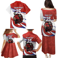 Custom Costa Rica Football Family Matching Puletasi and Hawaiian Shirt Los Ticos With Bull Mascot - Wonder Print Shop