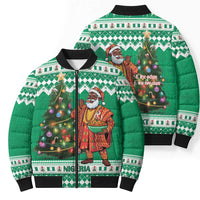 Personalized Nigeria Christmas Bomber Puffer Jacket Black Santa With Jollof Rice - Wonder Print Shop
