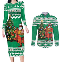Personalized Nigeria Christmas Couples Matching Long Sleeve Bodycon Dress and Long Sleeve Button Shirt Black Santa With Jollof Rice - Wonder Print Shop