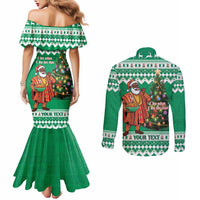 Personalized Nigeria Christmas Couples Matching Mermaid Dress and Long Sleeve Button Shirt Black Santa With Jollof Rice - Wonder Print Shop