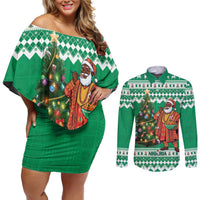 Personalized Nigeria Christmas Couples Matching Off Shoulder Short Dress and Long Sleeve Button Shirt Black Santa With Jollof Rice - Wonder Print Shop