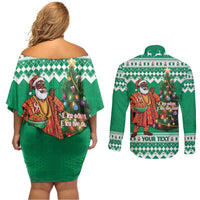 Personalized Nigeria Christmas Couples Matching Off Shoulder Short Dress and Long Sleeve Button Shirt Black Santa With Jollof Rice - Wonder Print Shop