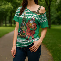 Personalized Nigeria Christmas Cross Shoulder Shirt Black Santa With Jollof Rice - Wonder Print Shop