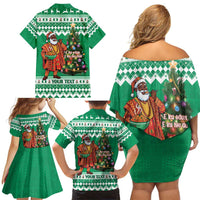 Personalized Nigeria Christmas Family Matching Off Shoulder Short Dress and Hawaiian Shirt Black Santa With Jollof Rice - Wonder Print Shop