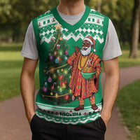 Nigeria Christmas Knitted V-Neck Vest Black Santa With Jollof Rice - Wonder Print Shop