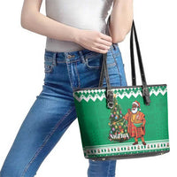 Nigeria Christmas Leather Tote Bag Black Santa With Jollof Rice - Wonder Print Shop