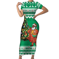 Personalized Nigeria Christmas Short Sleeve Bodycon Dress Black Santa With Jollof Rice - Wonder Print Shop