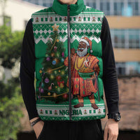 Personalized Nigeria Christmas Sleeveless Puffer Jacket Black Santa With Jollof Rice - Wonder Print Shop