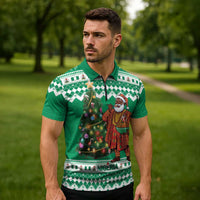 Personalized Nigeria Christmas Zipper Polo Shirt Black Santa With Jollof Rice - Wonder Print Shop
