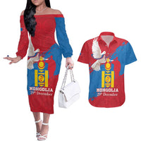 Personalised Mongolia Independence Day Couples Matching Off The Shoulder Long Sleeve Dress and Hawaiian Shirt Coat Of Arms - Mongolia Folk Pattern - Wonder Print Shop