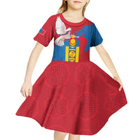 Personalised Mongolia Independence Day Kid Short Sleeve Dress Coat Of Arms - Mongolia Folk Pattern - Wonder Print Shop