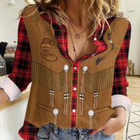 Santa Western Cowboy Christmas Women Casual Shirt Plaid Black Red Vest Style - Wonder Print Shop