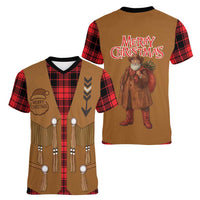 Santa Western Cowboy Christmas Women V-Neck T-Shirt Plaid Black Red Vest Style - Wonder Print Shop