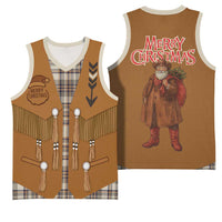 Santa Western Cowboy Christmas Basketball Jersey Plaid Brown Beige Vest Style - Wonder Print Shop