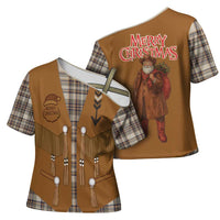 Santa Western Cowboy Christmas Cross Shoulder Shirt Plaid Brown Beige Vest Style - Wonder Print Shop
