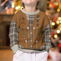 Santa Western Cowboy Christmas Kid Ugly Christmas Sweater Plaid Brown Beige Vest Style - Wonder Print Shop