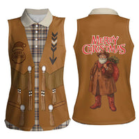 Santa Western Cowboy Christmas Women Sleeveless Polo Shirt Plaid Brown Beige Vest Style - Wonder Print Shop