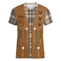 Santa Western Cowboy Christmas Women V-Neck T-Shirt Plaid Brown Beige Vest Style - Wonder Print Shop
