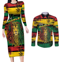 Personalised Rastafarian Lion Couples Matching Long Sleeve Bodycon Dress and Long Sleeve Button Shirt Cannabis Leaf Pattern - Wonder Print Shop