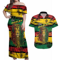 Personalised Rastafarian Lion Couples Matching Off Shoulder Maxi Dress and Hawaiian Shirt Cannabis Leaf Pattern - Wonder Print Shop