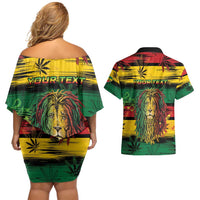 Personalised Rastafarian Lion Couples Matching Off Shoulder Short Dress and Hawaiian Shirt Cannabis Leaf Pattern - Wonder Print Shop