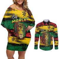Personalised Rastafarian Lion Couples Matching Off Shoulder Short Dress and Long Sleeve Button Shirt Cannabis Leaf Pattern - Wonder Print Shop