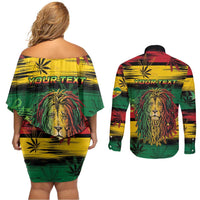 Personalised Rastafarian Lion Couples Matching Off Shoulder Short Dress and Long Sleeve Button Shirt Cannabis Leaf Pattern - Wonder Print Shop