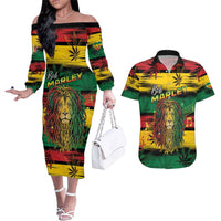 Personalised Rastafarian Lion Couples Matching Off The Shoulder Long Sleeve Dress and Hawaiian Shirt Cannabis Leaf Pattern - Wonder Print Shop