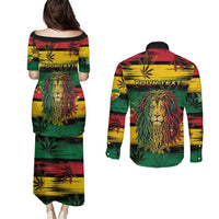 Personalised Rastafarian Lion Couples Matching Puletasi and Long Sleeve Button Shirt Cannabis Leaf Pattern - Wonder Print Shop