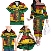 Personalised Rastafarian Lion Family Matching Off The Shoulder Long Sleeve Dress and Hawaiian Shirt Cannabis Leaf Pattern - Wonder Print Shop