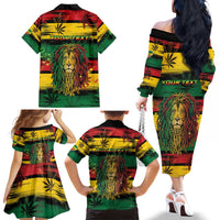 Personalised Rastafarian Lion Family Matching Off The Shoulder Long Sleeve Dress and Hawaiian Shirt Cannabis Leaf Pattern - Wonder Print Shop
