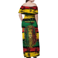 Personalised Rastafarian Lion Family Matching Off Shoulder Maxi Dress and Hawaiian Shirt Cannabis Leaf Pattern - Wonder Print Shop