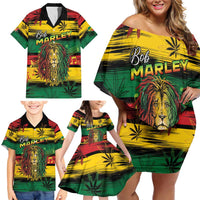 Personalised Rastafarian Lion Family Matching Off Shoulder Short Dress and Hawaiian Shirt Cannabis Leaf Pattern - Wonder Print Shop