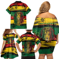 Personalised Rastafarian Lion Family Matching Off Shoulder Short Dress and Hawaiian Shirt Cannabis Leaf Pattern - Wonder Print Shop