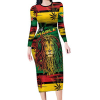 Personalised Rastafarian Lion Long Sleeve Bodycon Dress Cannabis Leaf Pattern - Wonder Print Shop