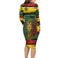 Personalised Rastafarian Lion Long Sleeve Bodycon Dress Cannabis Leaf Pattern - Wonder Print Shop