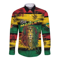 Personalised Rastafarian Lion Long Sleeve Button Shirt Cannabis Leaf Pattern - Wonder Print Shop