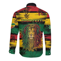 Personalised Rastafarian Lion Long Sleeve Button Shirt Cannabis Leaf Pattern - Wonder Print Shop