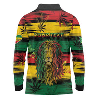 Personalised Rastafarian Lion Long Sleeve Polo Shirt Cannabis Leaf Pattern - Wonder Print Shop