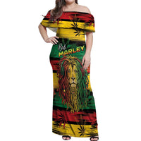 Personalised Rastafarian Lion Off Shoulder Maxi Dress Cannabis Leaf Pattern - Wonder Print Shop