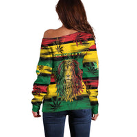 Personalised Rastafarian Lion Off Shoulder Sweater Cannabis Leaf Pattern - Wonder Print Shop