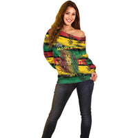 Personalised Rastafarian Lion Off Shoulder Sweater Cannabis Leaf Pattern - Wonder Print Shop