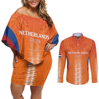 Custom Netherlands Football Couples Matching Off Shoulder Short Dress and Long Sleeve Button Shirt Go Champions Oranje - Wonder Print Shop