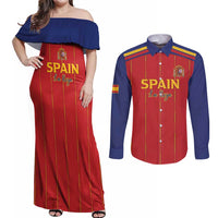 Custom Spain Football 2026 Couples Matching Off Shoulder Maxi Dress and Long Sleeve Button Shirt Go Champions La Roja - Wonder Print Shop